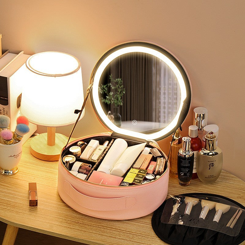 Bolsa de maquiagem redonda inteligente com LED e luzes espelhadas, bolsa de beleza feminina, grande capacidade, couro sintético, organizador de viagem, estojo para cosméticos