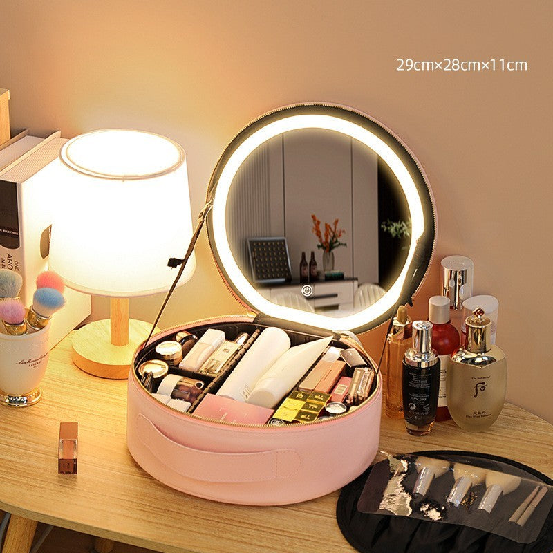 Bolsa de maquiagem redonda inteligente com LED e luzes espelhadas, bolsa de beleza feminina, grande capacidade, couro sintético, organizador de viagem, estojo para cosméticos
