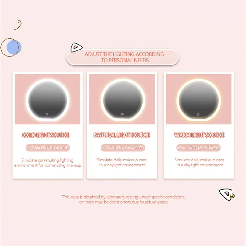 Bolsa de maquiagem redonda inteligente com LED e luzes espelhadas, bolsa de beleza feminina, grande capacidade, couro sintético, organizador de viagem, estojo para cosméticos