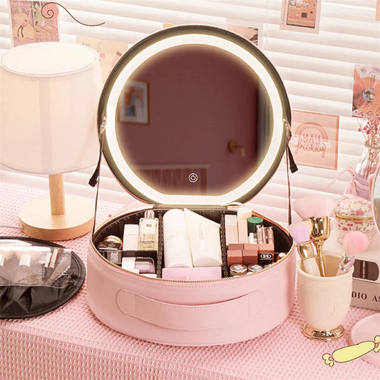 Bolsa de maquiagem redonda inteligente com LED e luzes espelhadas, bolsa de beleza feminina, grande capacidade, couro sintético, organizador de viagem, estojo para cosméticos