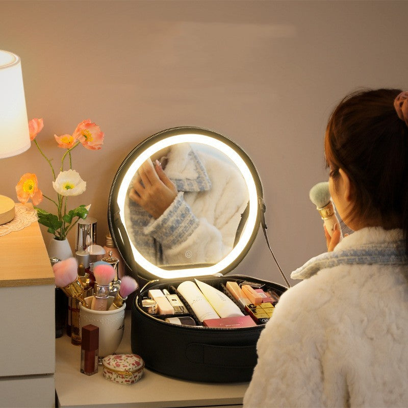 Bolsa de maquiagem redonda inteligente com LED e luzes espelhadas, bolsa de beleza feminina, grande capacidade, couro sintético, organizador de viagem, estojo para cosméticos