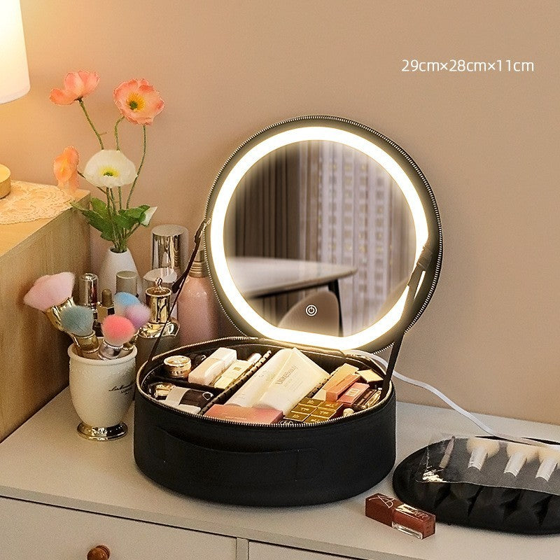 Bolsa de maquiagem redonda inteligente com LED e luzes espelhadas, bolsa de beleza feminina, grande capacidade, couro sintético, organizador de viagem, estojo para cosméticos