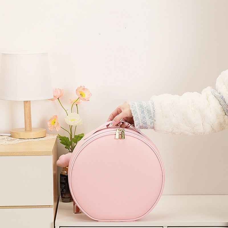 Bolsa de maquiagem redonda inteligente com LED e luzes espelhadas, bolsa de beleza feminina, grande capacidade, couro sintético, organizador de viagem, estojo para cosméticos