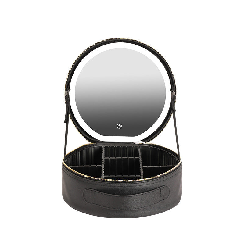 Bolsa de maquiagem redonda inteligente com LED e luzes espelhadas, bolsa de beleza feminina, grande capacidade, couro sintético, organizador de viagem, estojo para cosméticos