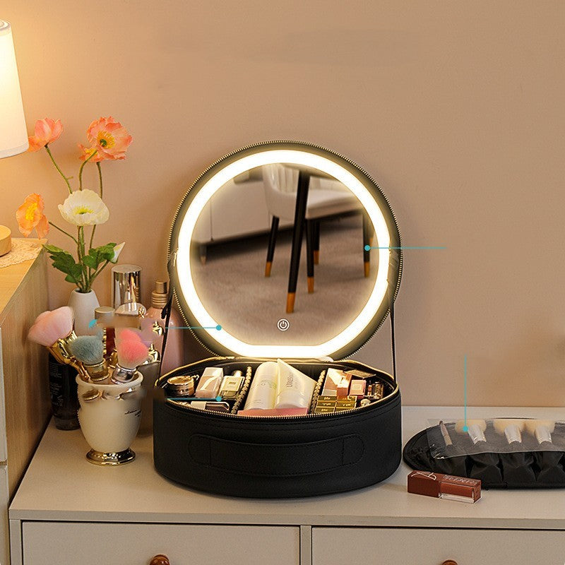 Bolsa de maquiagem redonda inteligente com LED e luzes espelhadas, bolsa de beleza feminina, grande capacidade, couro sintético, organizador de viagem, estojo para cosméticos
