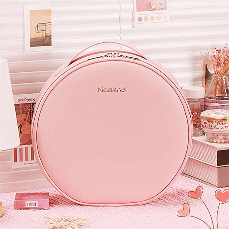 Bolsa de maquiagem redonda inteligente com LED e luzes espelhadas, bolsa de beleza feminina, grande capacidade, couro sintético, organizador de viagem, estojo para cosméticos